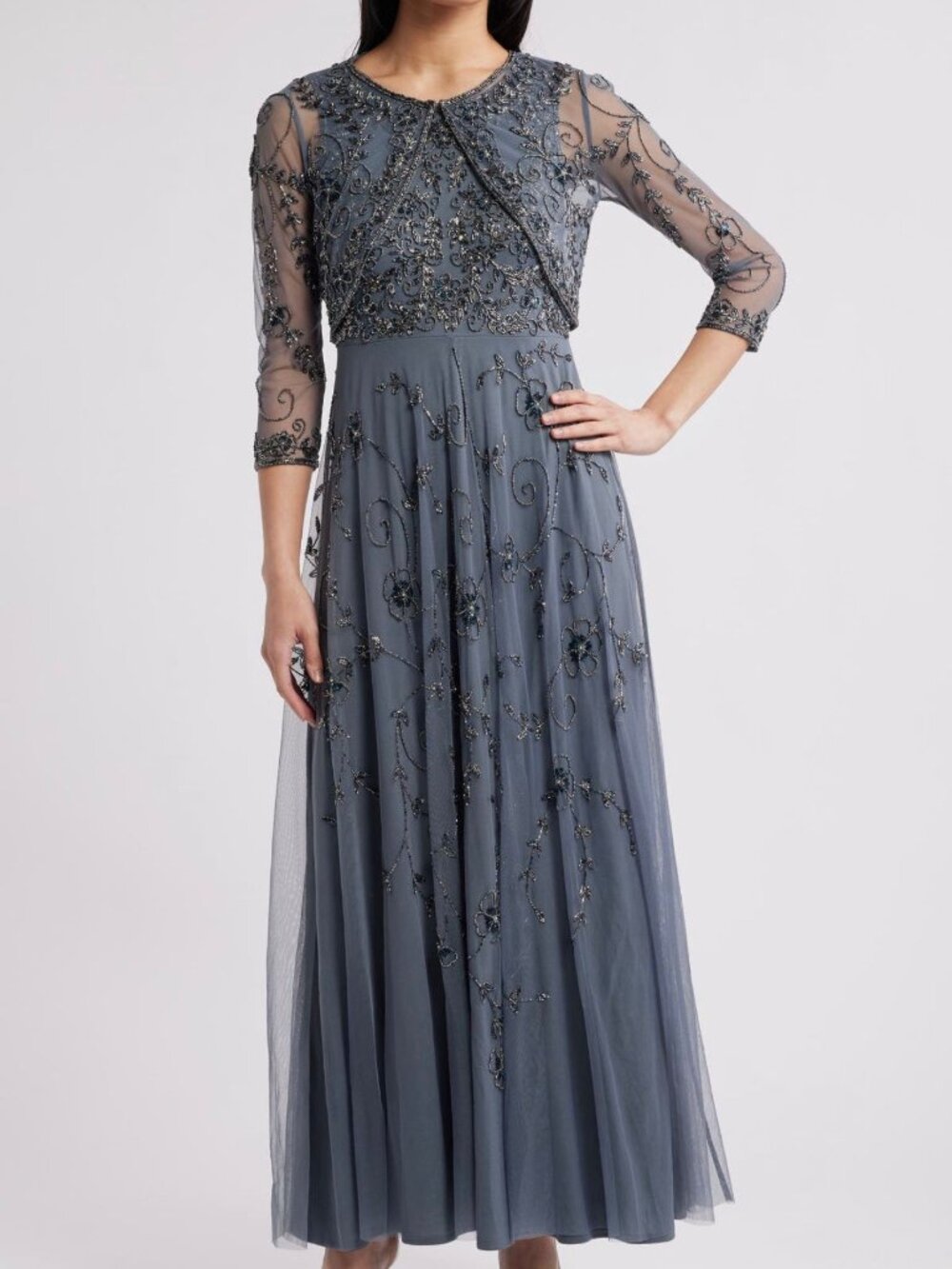 Pisarro Nights Embellished with Open Front Jacket Cocktail Dress Smoke Size 10